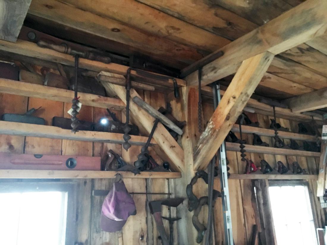 Vintage Tools: Vintage tools as found in barn. Large collection of planers, hand drills, hand augers, pick axe, etc.