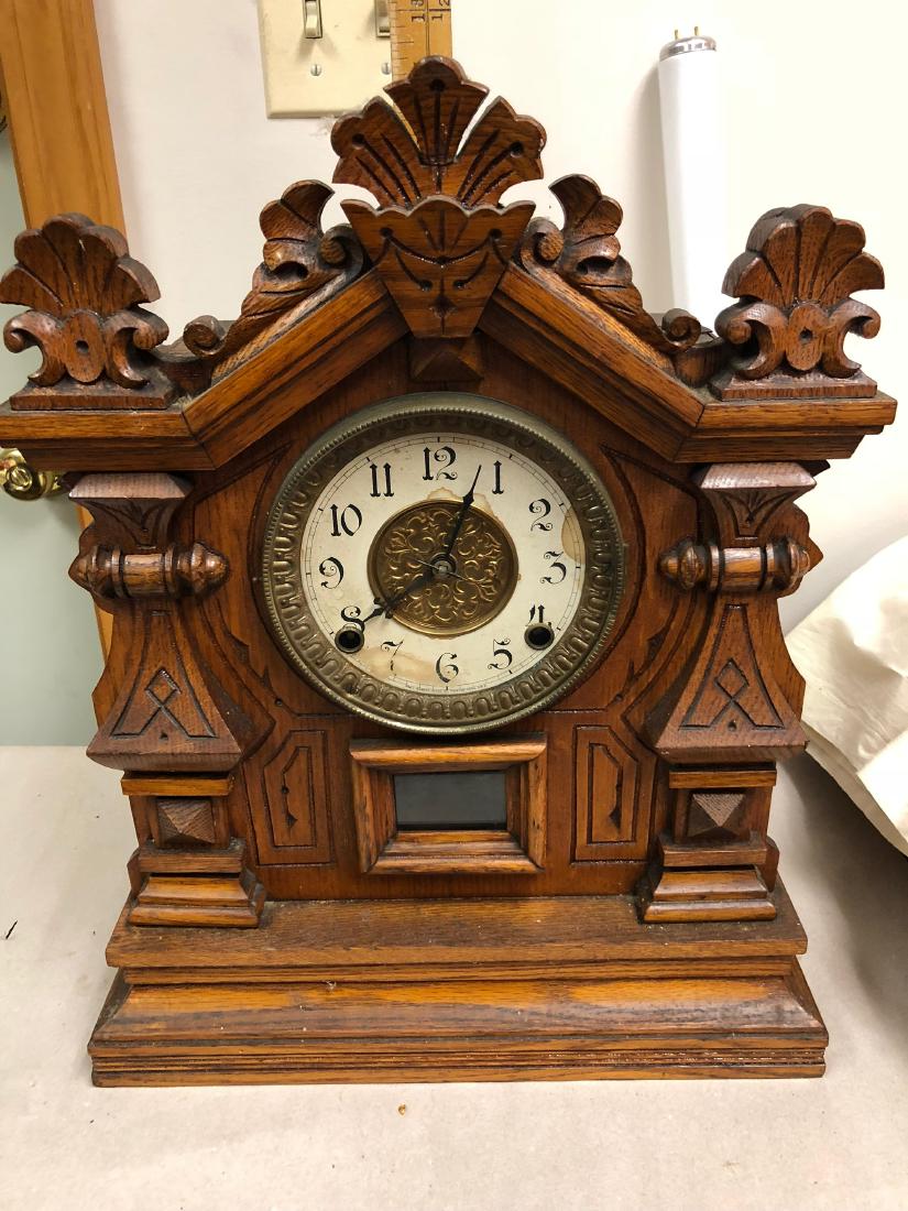 Oak Shelf Clock: Oak shelf clock, "Excelsior", Wm. L. Gilbert Clock, Co., Winsted, CT.