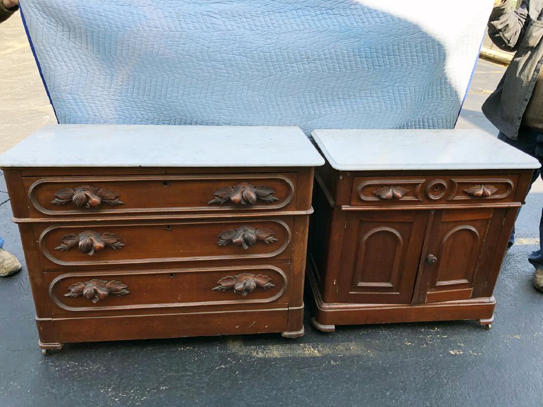Victorian Ladies Dresser and Commode: Victorian Walnut Ladies dresser and matching commode with white marble tops,. Unbelievable matching pieces, dresser has 3 drawers and carved nuts and leaves handles, 2 door mataching commode.
