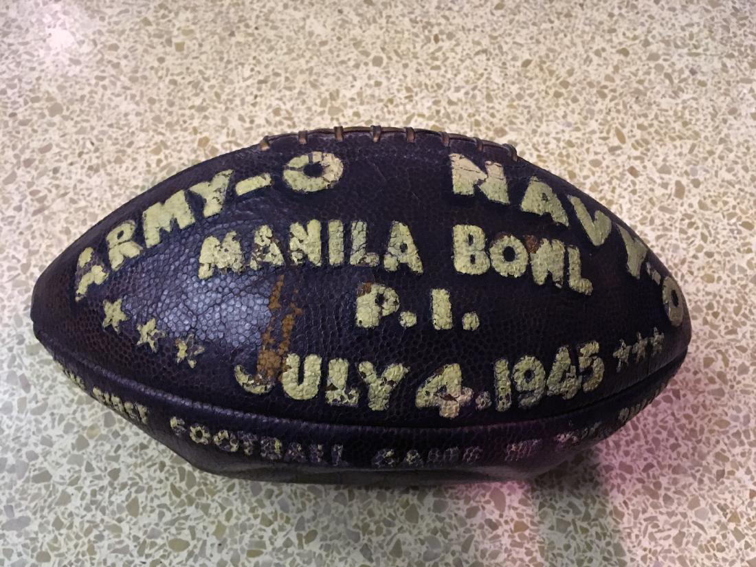 1945 Army - Navy Manila Bowl P.I. Game Football: Army - Navy Manila Bowl P.I., July 4, 1945. This ball was owned by William H. Geyer, who was a star player with Colgate University at the time, and who also played with the Chicago Bears 1942, 1943, a