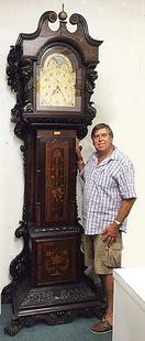 Grandfather Clock Attributed to R.J. Horner: Monumental Grandfather clock, mahogany case attributed to R. J. Horner of New York, works attributed to Elliott Clock Co. This magnificant clock looks to be a exposition piece, with fantastic 3 dimens