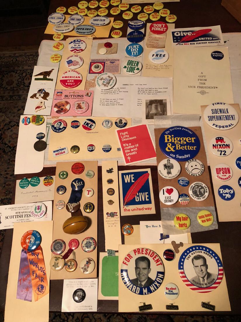 Vintage Button Collection: Vintage button collection including political buttons, I Lie Ike, Nixon, Johnson, McGovern, Stevenson, Rockefeller, etc. University buttons including Yale and Brown, etc. New York World's Fair ribbon,