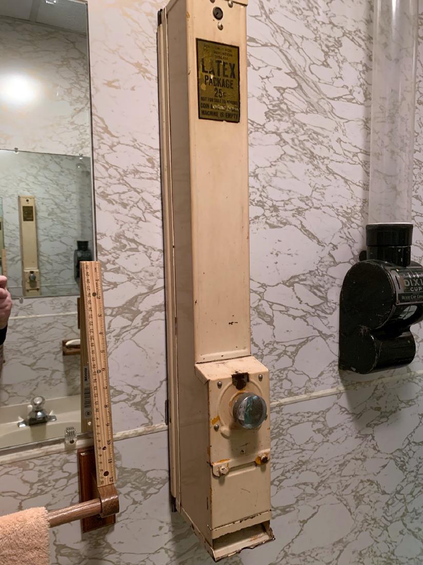 Vintage Coin-Operated Dispenser: Vintage Latex Condom Dispenser, coin-op, vending. Coin operated in working order. From a lifelong collection of 50 years of collecting!