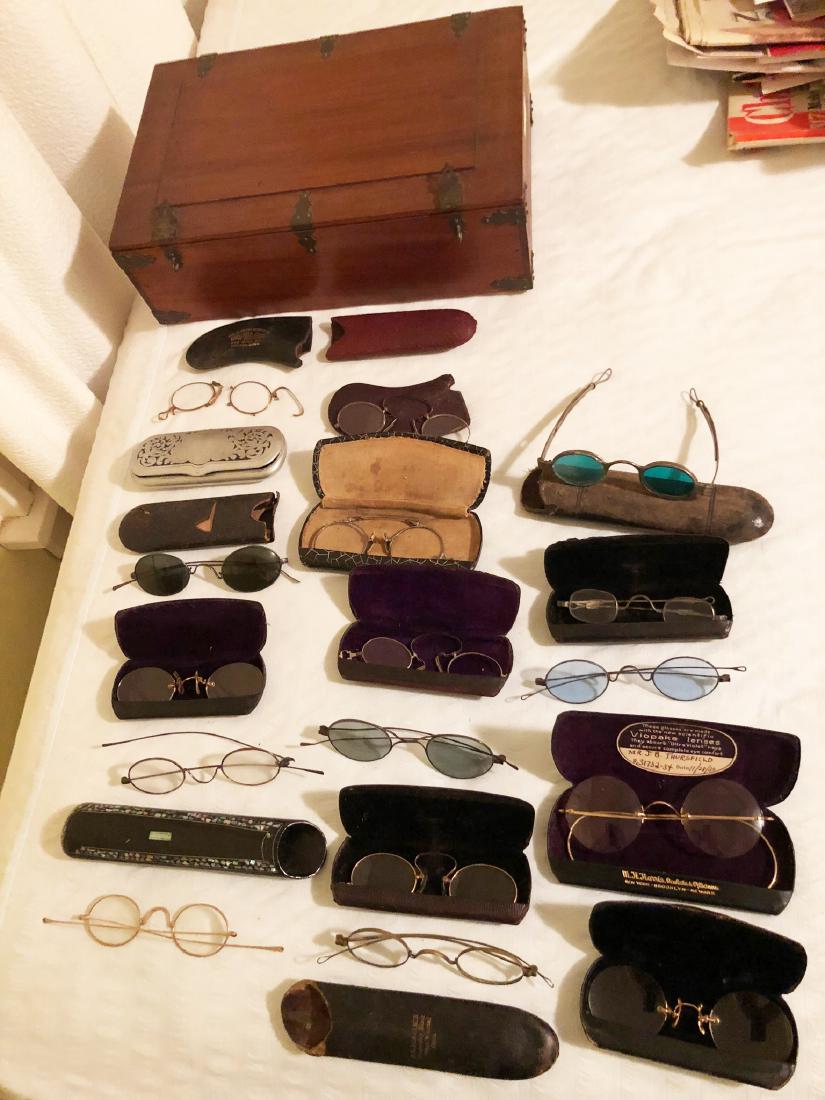 16 Pairs of Early Eye Glasses: 16 Pairs of eaarly eye glasses, some could be gold, nice box and glass case holder with mother of pearl inlay.