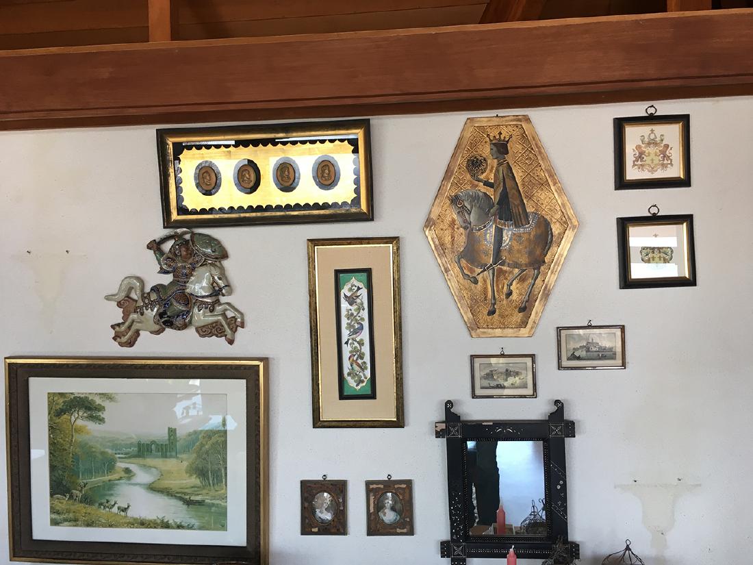 Estate Wall Art: Estate wall art including ceramic warrior, abalone early pictures, mirror with mother of pearl inlay, lithographs, vintage decorative art, etc.