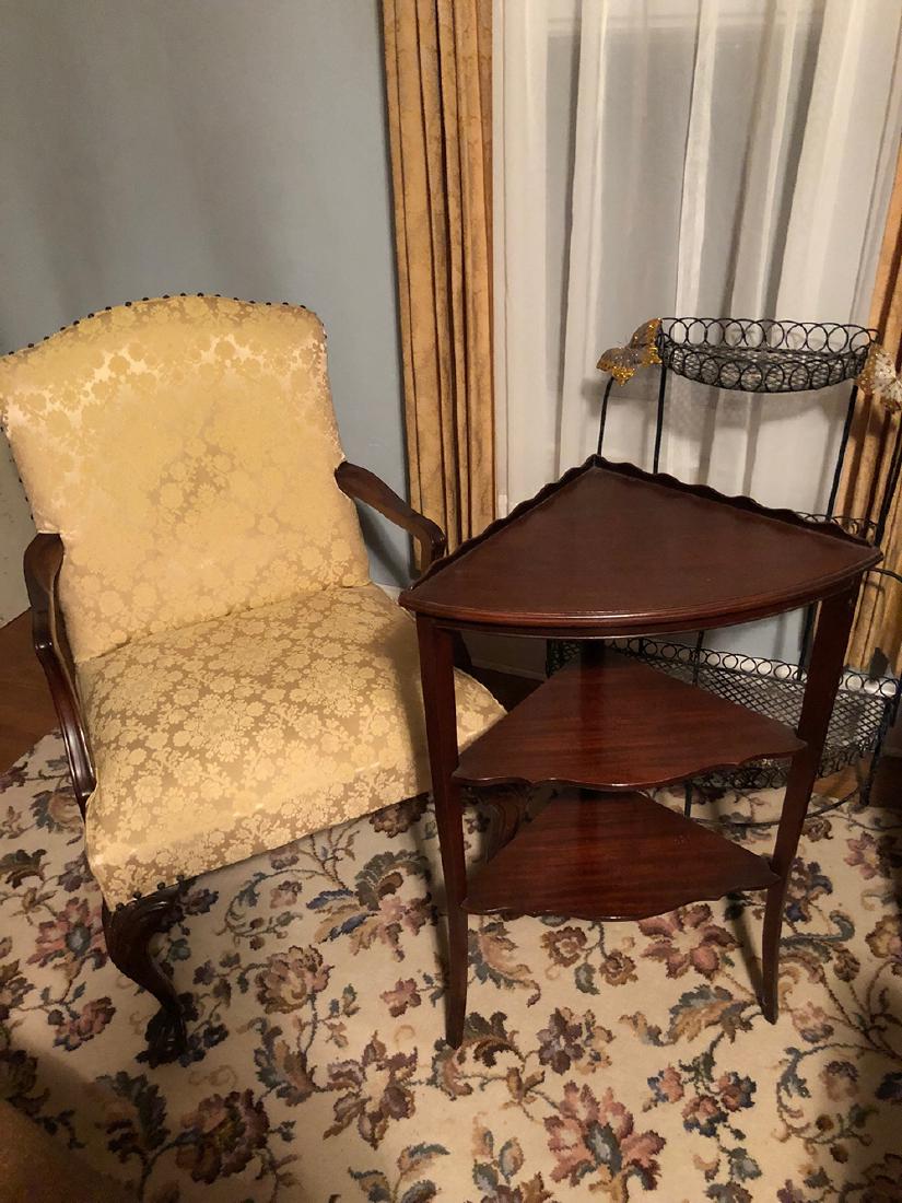 Chippendale Armchair, Corner Stand: Chippendale Armchair with perfect upholstery, 3 tiered mahogany corner stand, and wire plant holder.