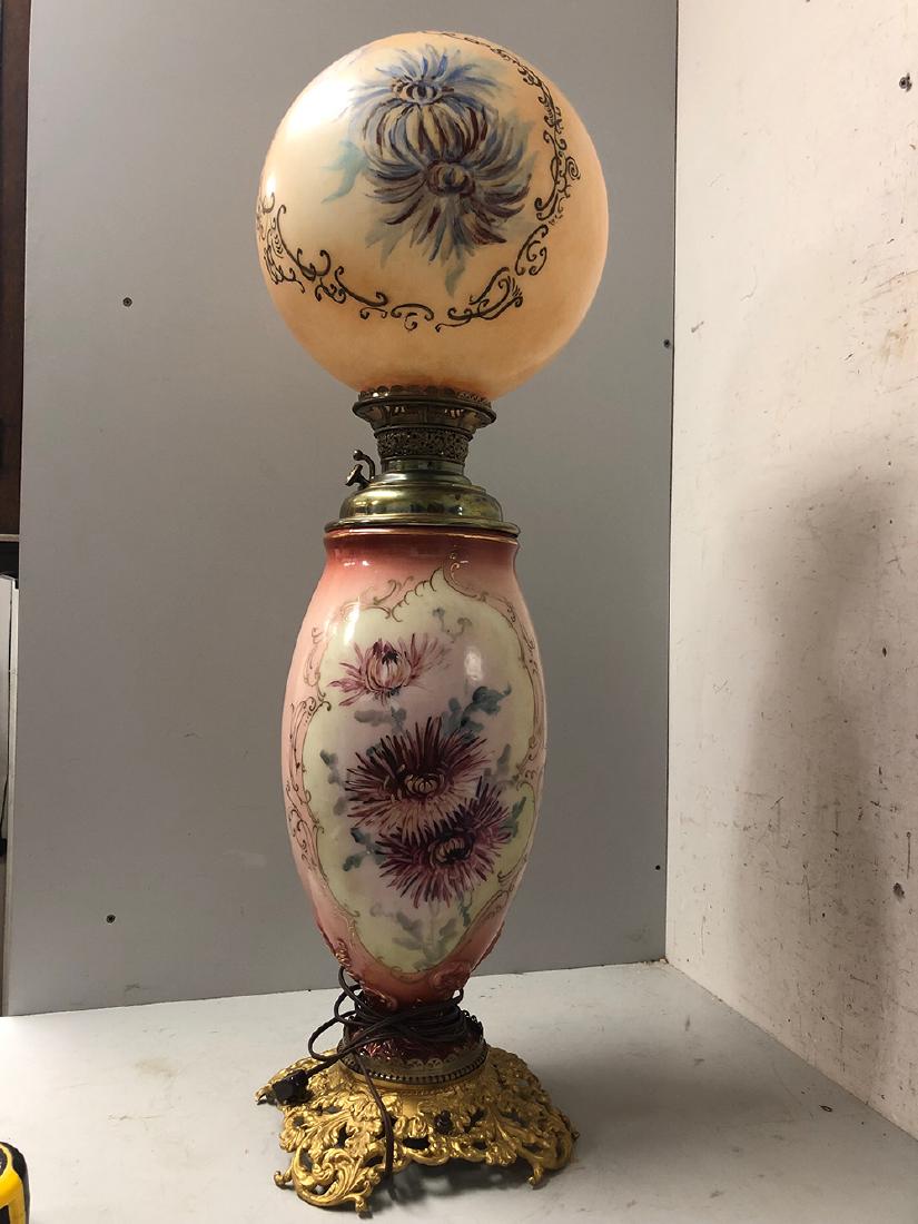 Gone with the Wind Lamp: Beautiful Gone with the Wind lamp with mums all over. Originally was an oil lamp, Victorian era.