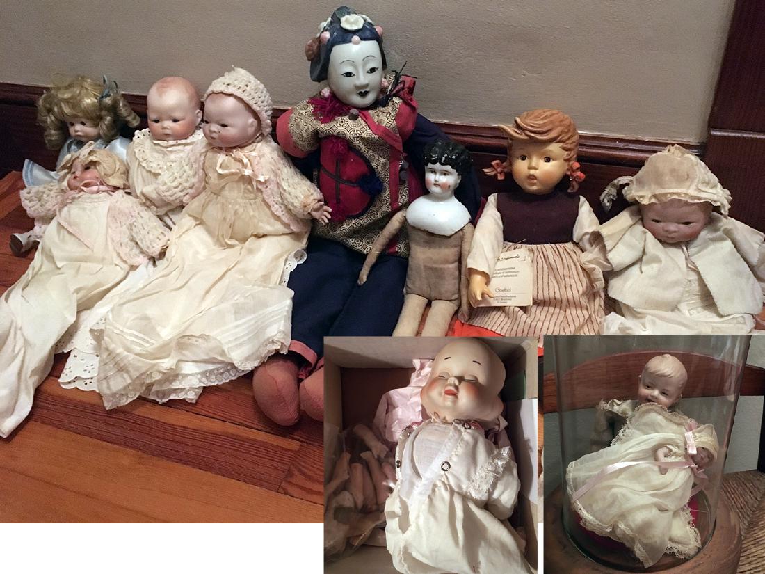 11 Vintage Dolls: 11 vintage collectible dolls, including marked porcelain, Asian, Goebel, 4 faced porcelain doll, 2 miniature vintage dolls. Nice collection from the estate!