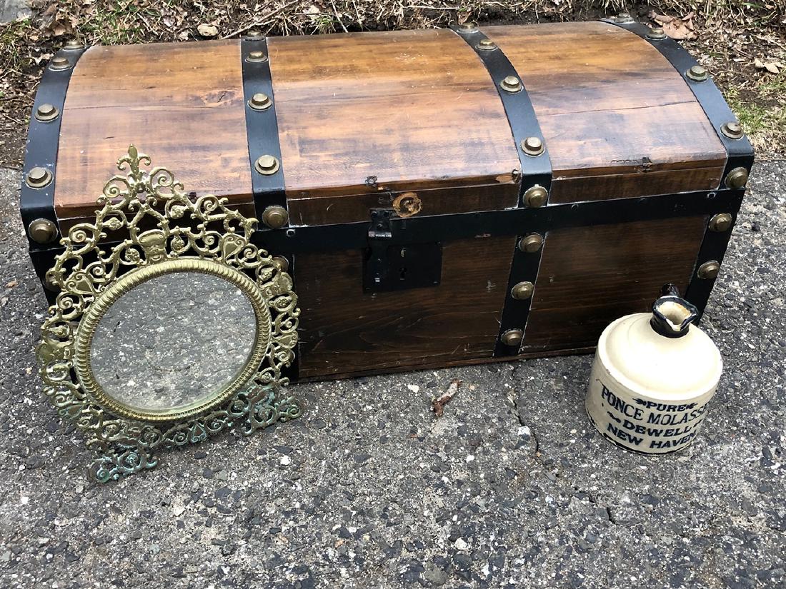 Wooden Trunk, Etc.: Wooden trunk, mirror with gold gilt frame, and vintage stoneware Pure Ponce Molassess, Dewell, New Haven jug.