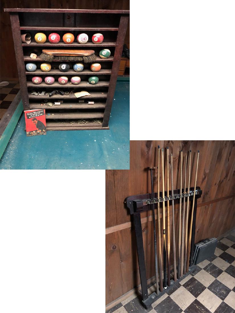 Estate Billiards Collection: Estate Billiards collection includes oak Brunswick Balke Collender cue holder, pool cues, oak ball rack with billiard balls, etc.