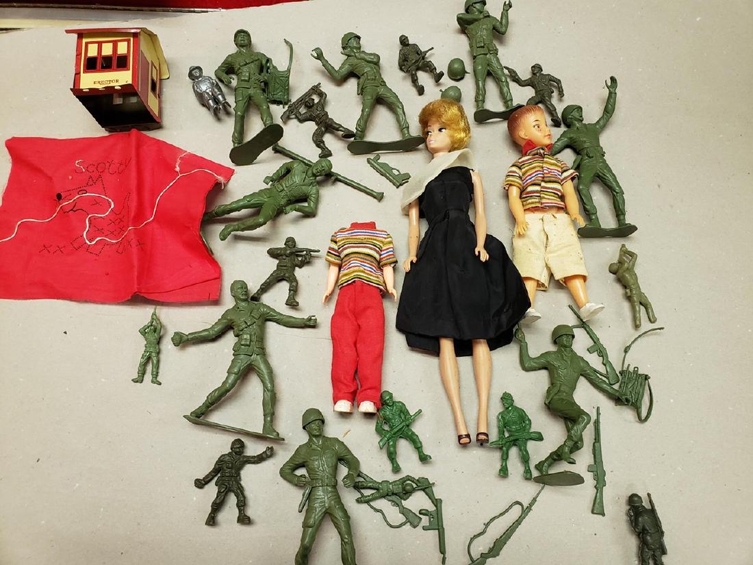 Vintage Estate Toys: Vintage estate toy lot includes vintage Barbie doll, vintage Ideal Toy boy doll, toy soldiers, Erector set building, etc.