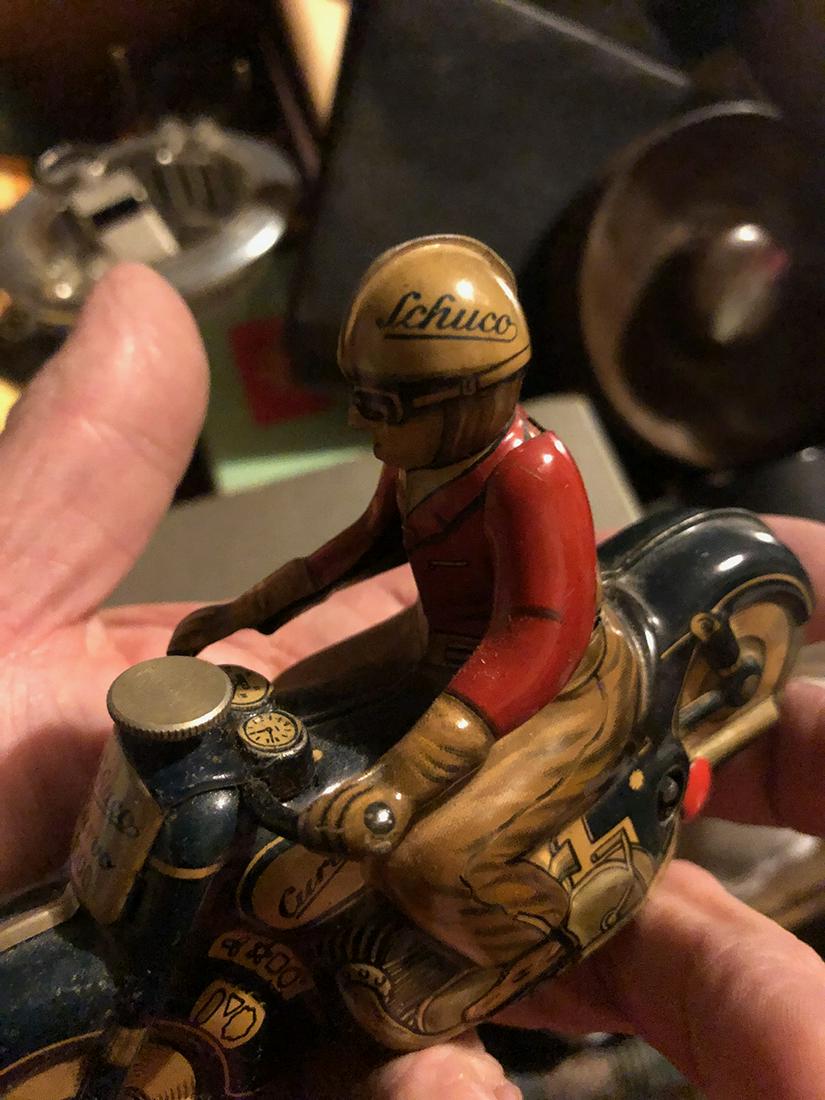 Schuco Wind-Up Tin Toy: Vintage, rare Schuco Curvo 1000 Motorcycle, wind up toy, blue, US-Zone Germany 1950s.