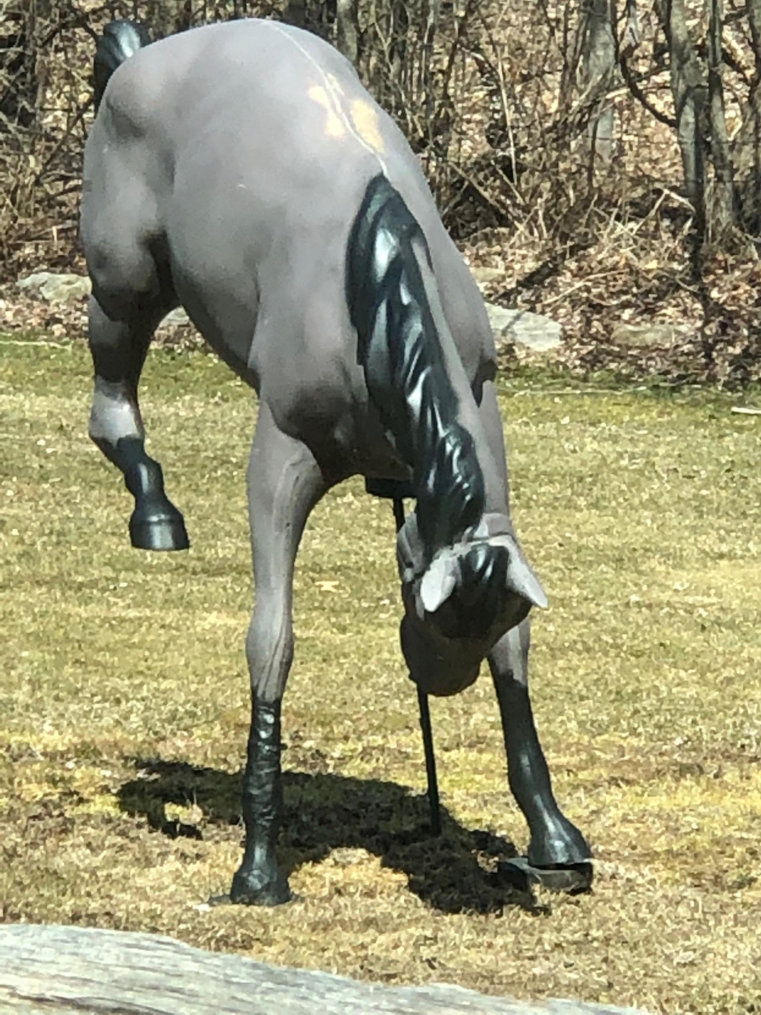 Danbury Life Size Fiberglass Horse: Lifesize fiberglass horse, originally part of the Danbury Fair display. Bucking gray horse, life size, but doesn't need hay! Great item and rare find!