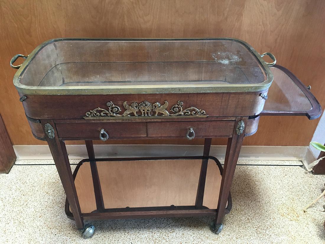 Vintage Tea Cart: Vintage tea cart with brass and glass, pull out mirror shelf, mirror base, Measures approx. 31” x 31” x 16”