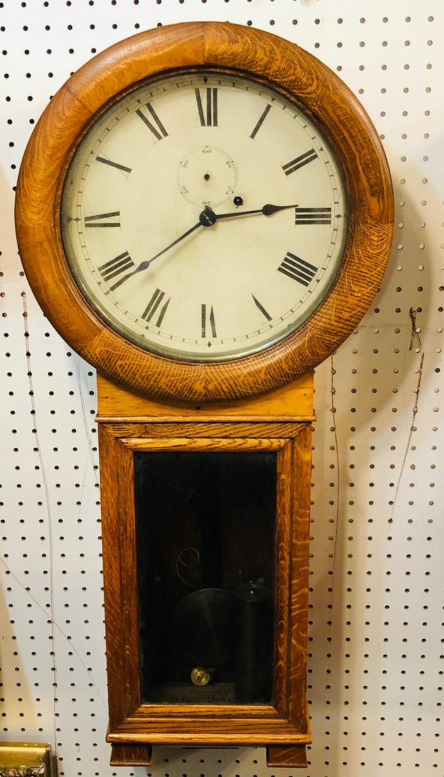 Seth Thomas No. 2 Railroad Regulator Clock: Seth Thomas No. 2 weight driven oak Railroad Regulator clock, originally hung in a New Haven, CT Railroad station, beautiful label, weight and crank.