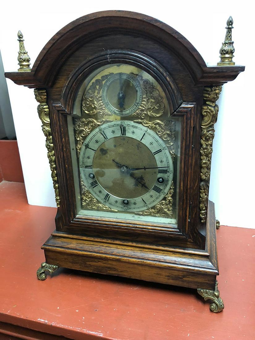 Winterhalder & Hofmeier Bracket Clock.: Winterhalder & Hofmeier Bracket clock with chimes and fusee movement. Fancy open sides with red backing, beautiful gold face, ornate finials, Asian figures in gold gilt, very nice clock with pendulum 