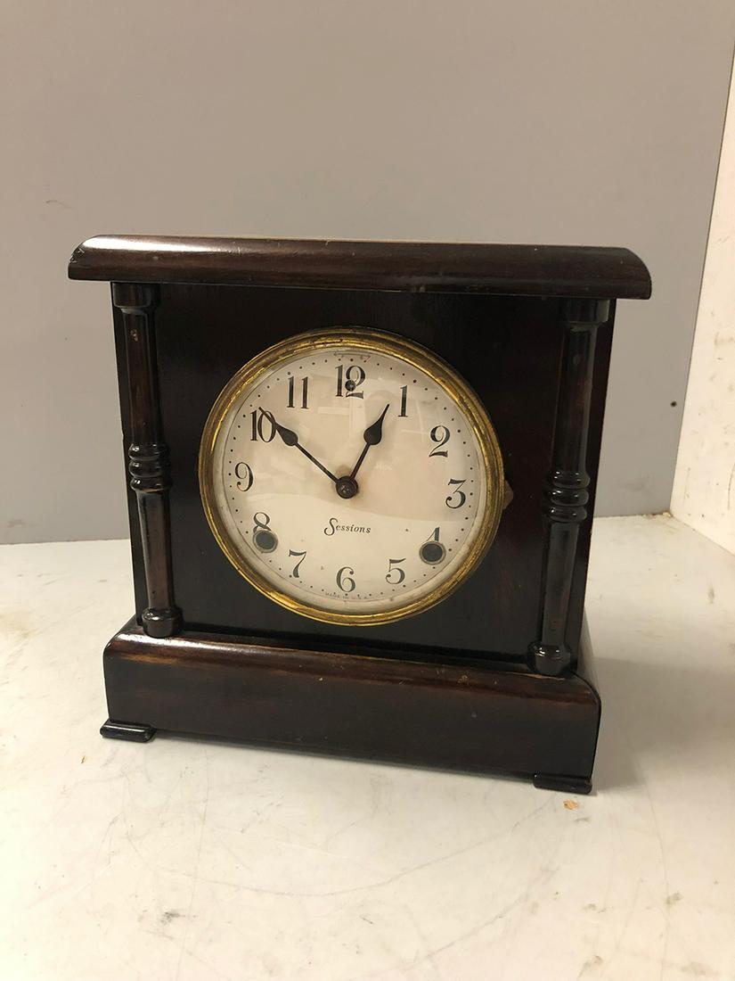 Sessions Mantel Clock: Sessions, Bristol, CT, mantel clock, with nice, original label and clock case. Was in running condition at the estate. From the Chatham, Ma, Cape Cod Collection.