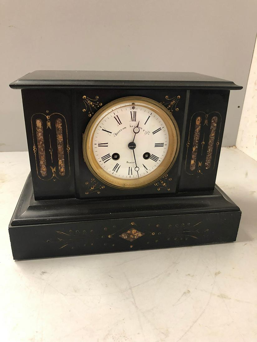 Bigelow Kennard & Co. Mantel Clock: Victorian Marble mantel clock, Bigelow Kennard & Co, Boston, MA., with porcelain dial, gold incising through out , inlaid colored marble, French movement, all original condition. Was in running condit