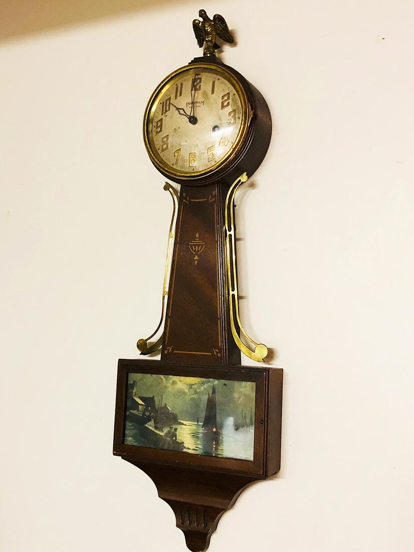 Ingraham Banjo Clock: Ingraham Clock Co., 8 Day Banjo clock with nautical scene.