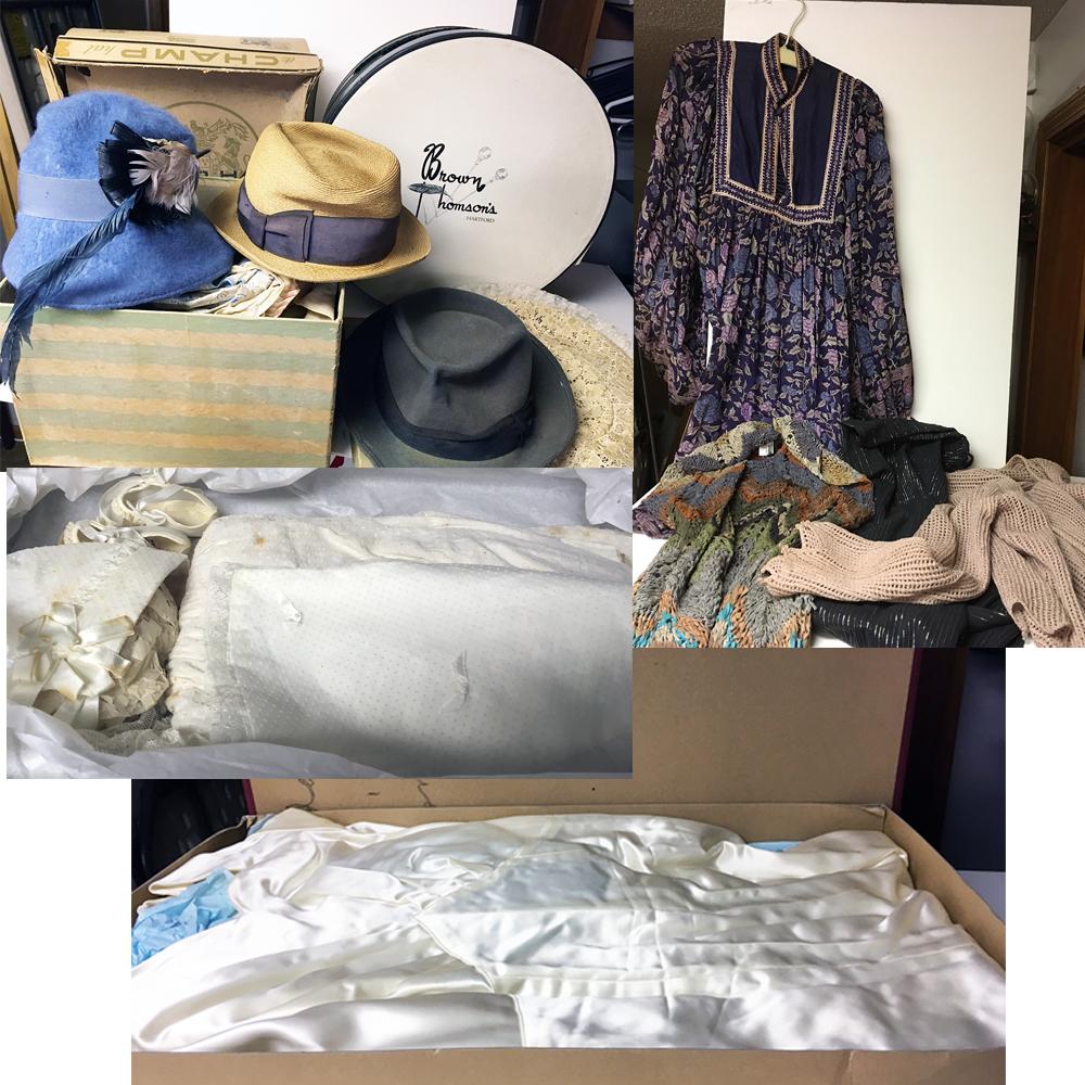 Vintage Estate Clothing: Vintage hats, including star hat and Stetson hat in original box, lace, felt, baptismal gown, vintage silk wedding gown, crochet vest and sweater, shirt and scarf.Nice collection of vintage estate clo