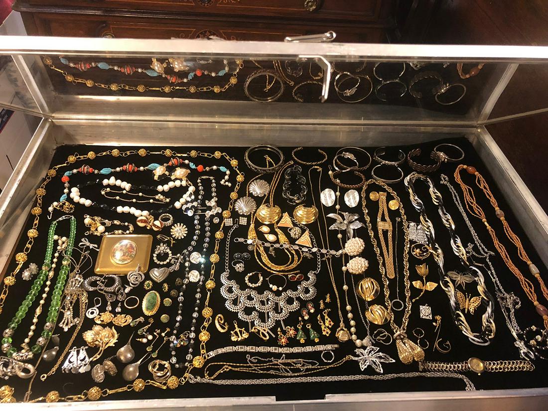 Estate Jewelry: Estate jewelry lot includes sterling silver, S. Kirk and Sons marked earrings, 14kt gold piece, beads, necklaces, pins, bracelets, earrings, etc.