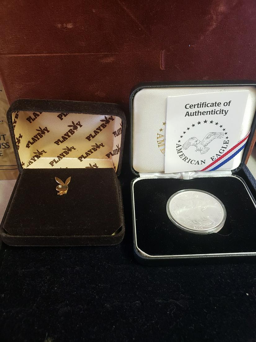 Silver Walking Liberty and Playboy Pin: 1 Ounce Silver Walking Liberty and Vintage Playboy bunny pin.