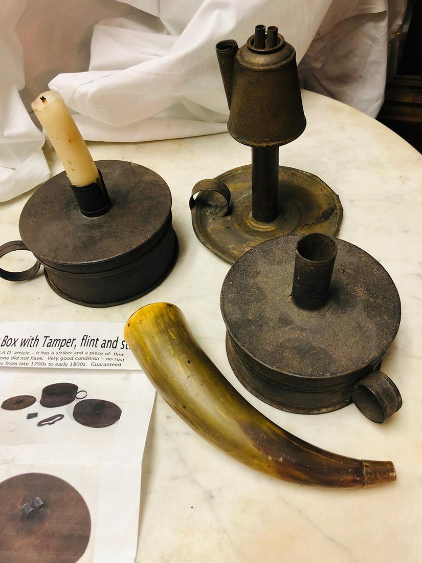 Revoluntionary War Era Tinder Box: Revolutionary War Era tinder box, with tamper, flint and strike, c. late 1700s to early 1800s.