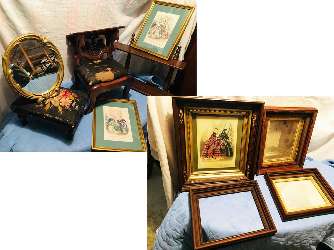 Estate Lot Including Les Modes Parisiennes Lithographs: Estate Lot Including Les Modes Parisiennes Lithographs, small wall mirrors, shelves, embroidered vintage footstools, etc.