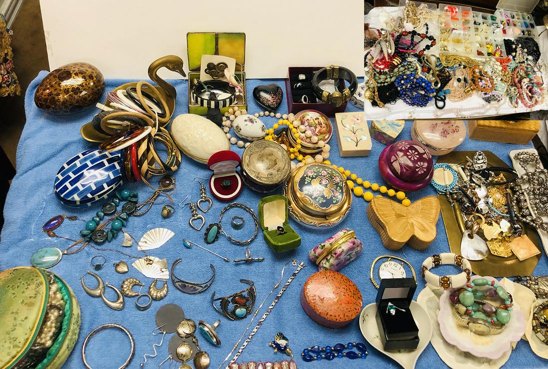 Estate Treasure Trove of Jewelry: Estate treasure trove of jewelry including beads, boxes, bangles, 14k gold ring, black onyx with diamond, sterling silver Native American turqoise jewelry, cut glass sterling top dresser box, rings, n