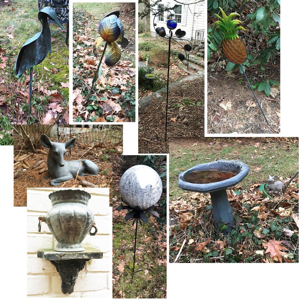 Outdoor Items: Outdoor items include lawn ornaments, whirli-gig, gazing ball, angel face shelf, deer and rabbit figures, etc. pd