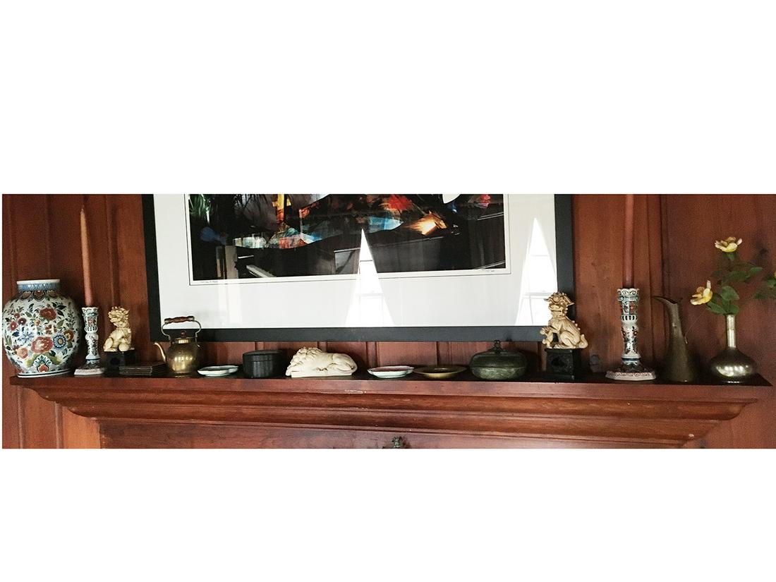 Estate Mantel Items: 2 Foo Dogs, candle sticks and matching vase, Lion marked Mr. Churchill on bottom, boxes, brass teapot, vase, and pitcher, etc. pd