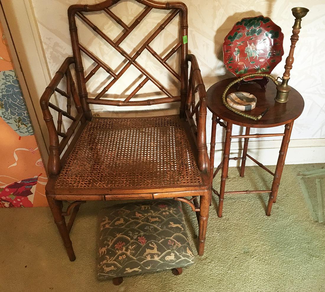 Bamboo Chair and Table: Bamboo Chair with cained seat Made in Spain, Bamboo style table, Asian warrior porcelain plate, water pipe, and ottoman. pd