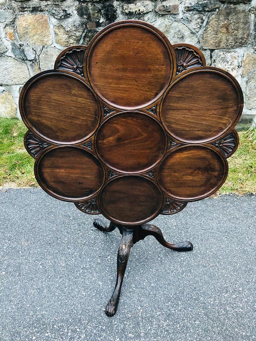 Irish Georgian Tilt Top Supper Table: Antique Mahogany Irish Georgian Tilt Top Table. Very early, with original birdcage, base has early rose cut nails, original cast under plate, all made by hand, unbelieveable detials in the carving, co