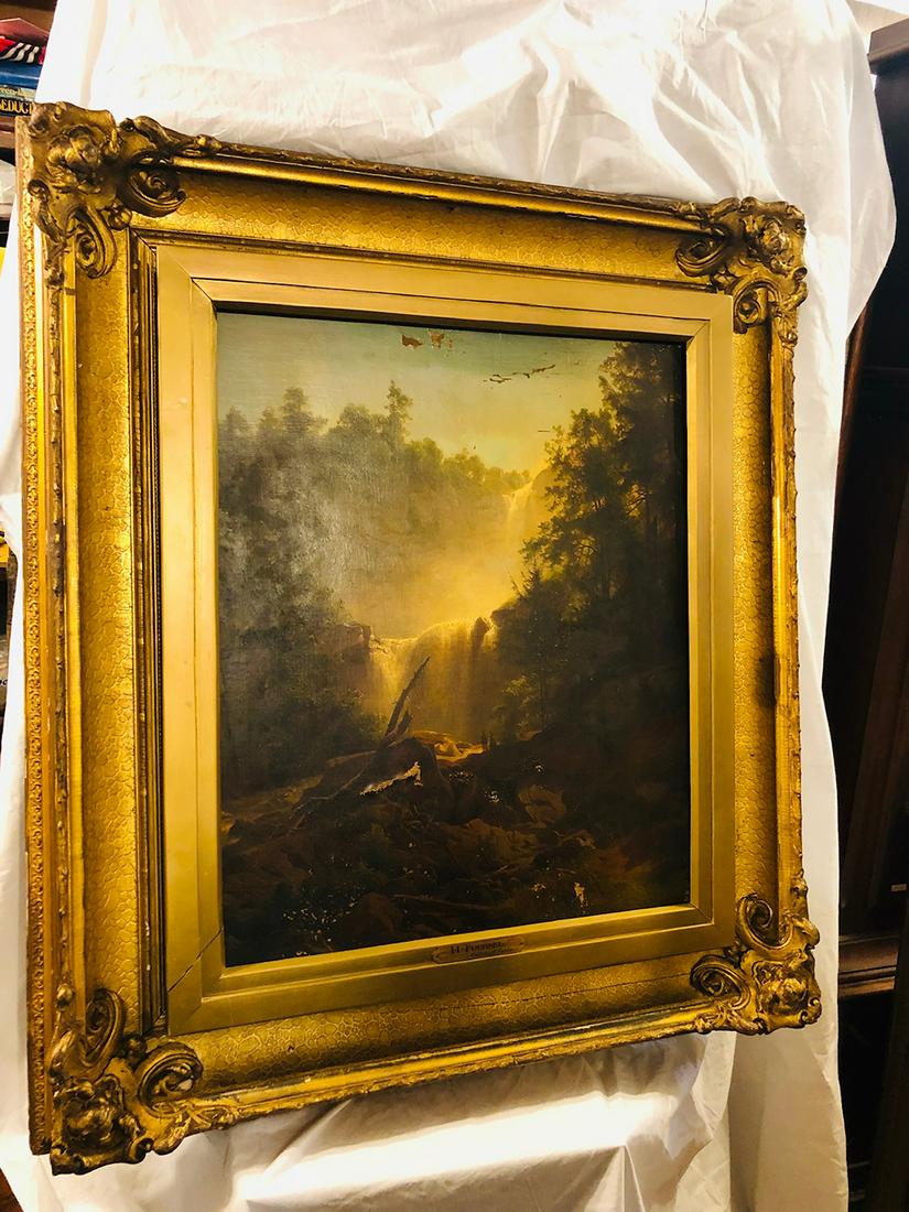 H. Fuechsel, Catskill Falls, Oil on Canvas: HERMANN FUECHSEL, American (1833-1915), oil on canvas, Catskill Falls, with original gold gilt frame. Born in Brunswick, Germany, Herman Fuechsel lived in New York and was known for his landscapes, ri