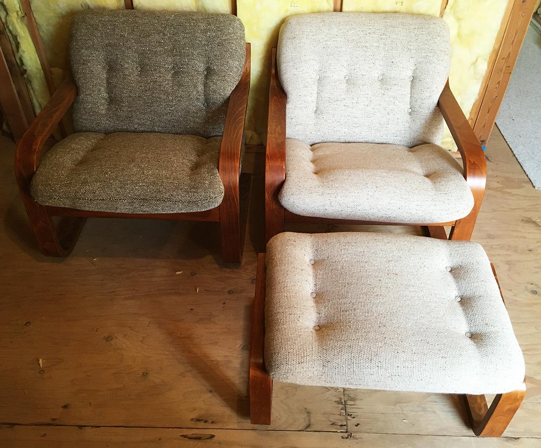 Everest Mid-Century Modern Chairs and Ottoman: Everest Mid-Century Modern chairs, one is Everest with oatmeal upholstery and teak stained hardwood finish, measures 28 inches x 31 inches x 27 inches with matching ottomann. Other chair is Everest wi