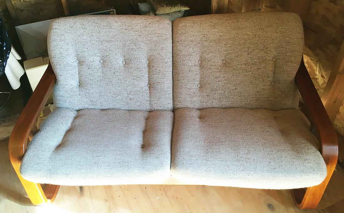 Westnofa Everest Mid-Century Modern Loveseat: Everest Mid-Century Modern 2 seater couch / loveseat, with oatmeal upholstery and teak stained harwood by Westnofa, Norway. Measures approx. 53 inches wide x 31 inches tall x 27 inches deep.