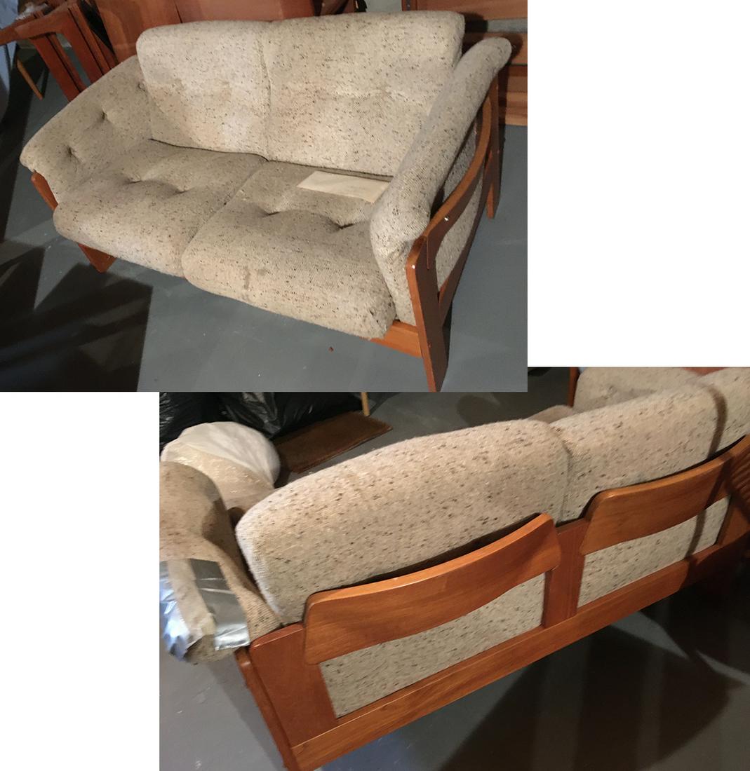 Mid-Century Danish Eilerson Sofas: 2 matching Eilerson Mid-Century Danish sofas with oatmeal fabric, measures approx. 59 inches wide x 30 inches tall x 27 inches deep (20 inch deep seat). One has tear in arm and one needs snaps repaire