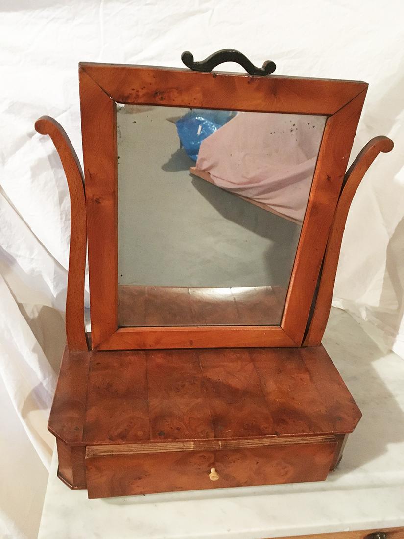 Antique Shaving Mirror Dressing Box: Antique shaving mirror dressing box with drawer, Swedish, measures approx. 13 inchex x 8 inches x 18 inches.