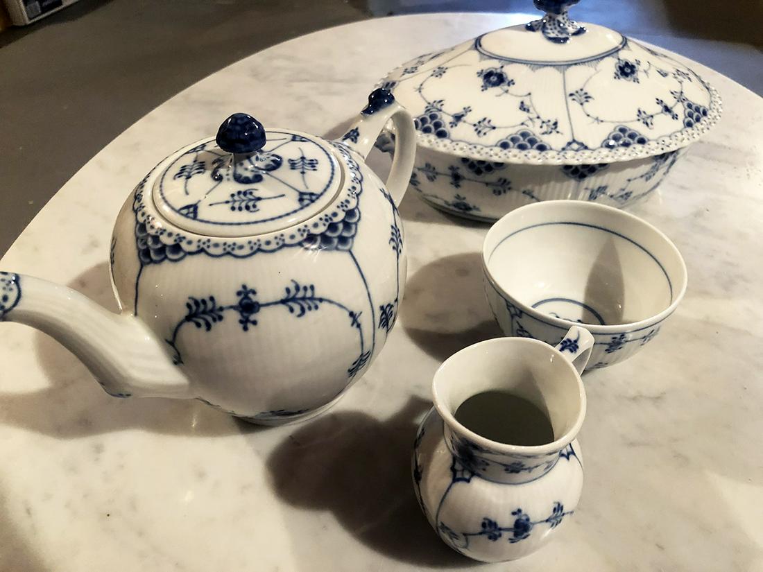 Royal Copenhagen Blue Fluted Half Lace Tea Set: Royal Copenhagen Blue Fluted Half Lace Tea Set and covered casserole dish.