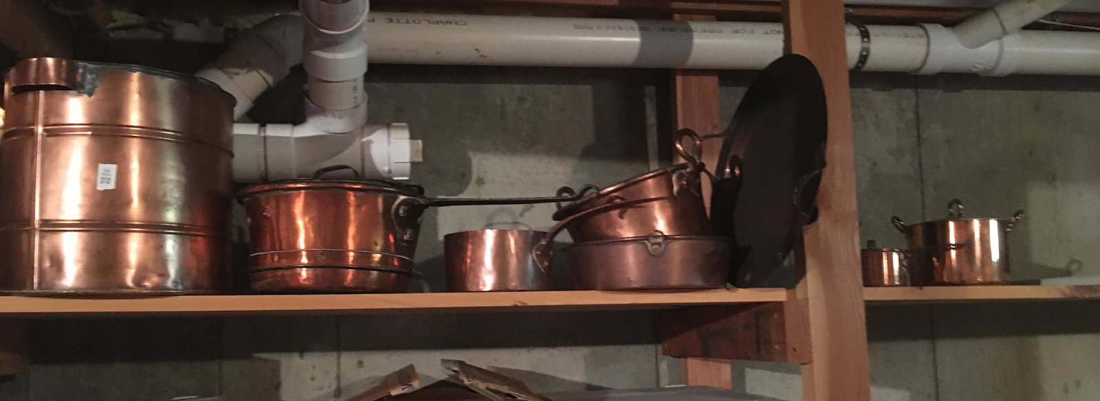 Antique Swedish Copper Pots: Antique Swedish copper pots including lidded and handled.