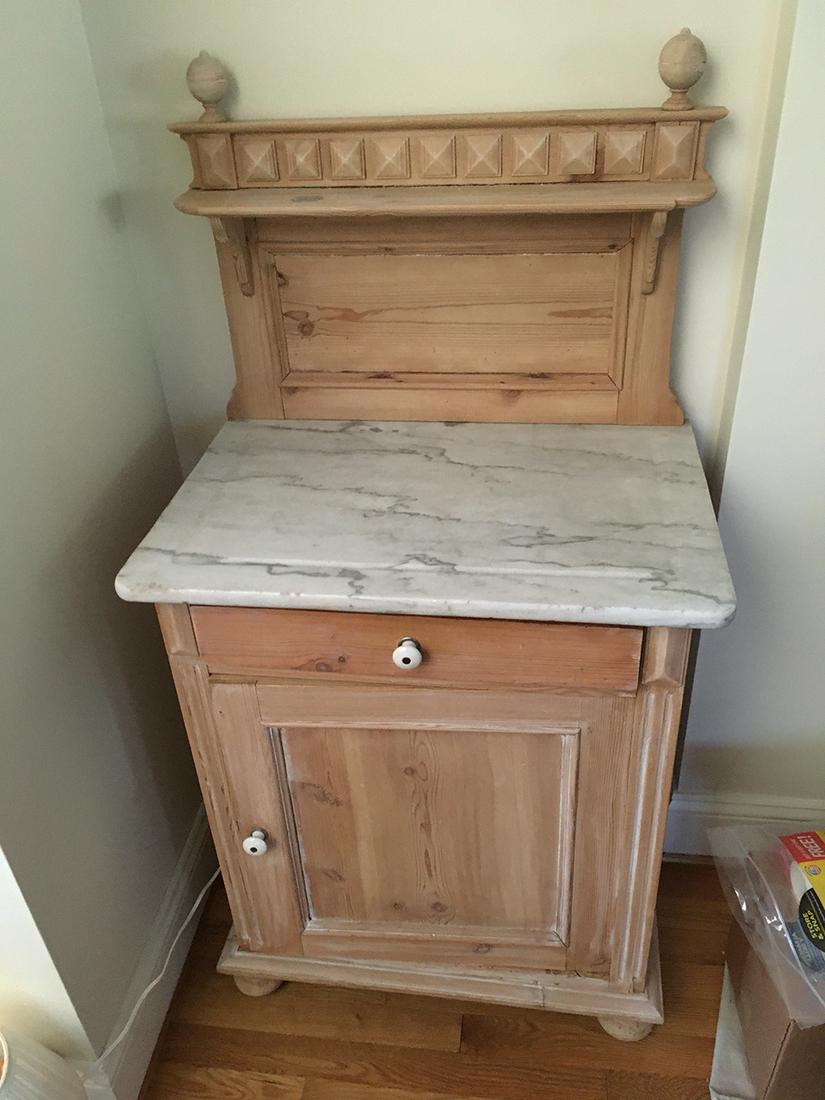 Danish Antique Marble Top Wash Stand: Danish Antique Marble Top Wash Stand / Cabinet, one drawer, one door with back and shelf, measures approx. 27.75 inches x 18.75 inches x 29.75 inches