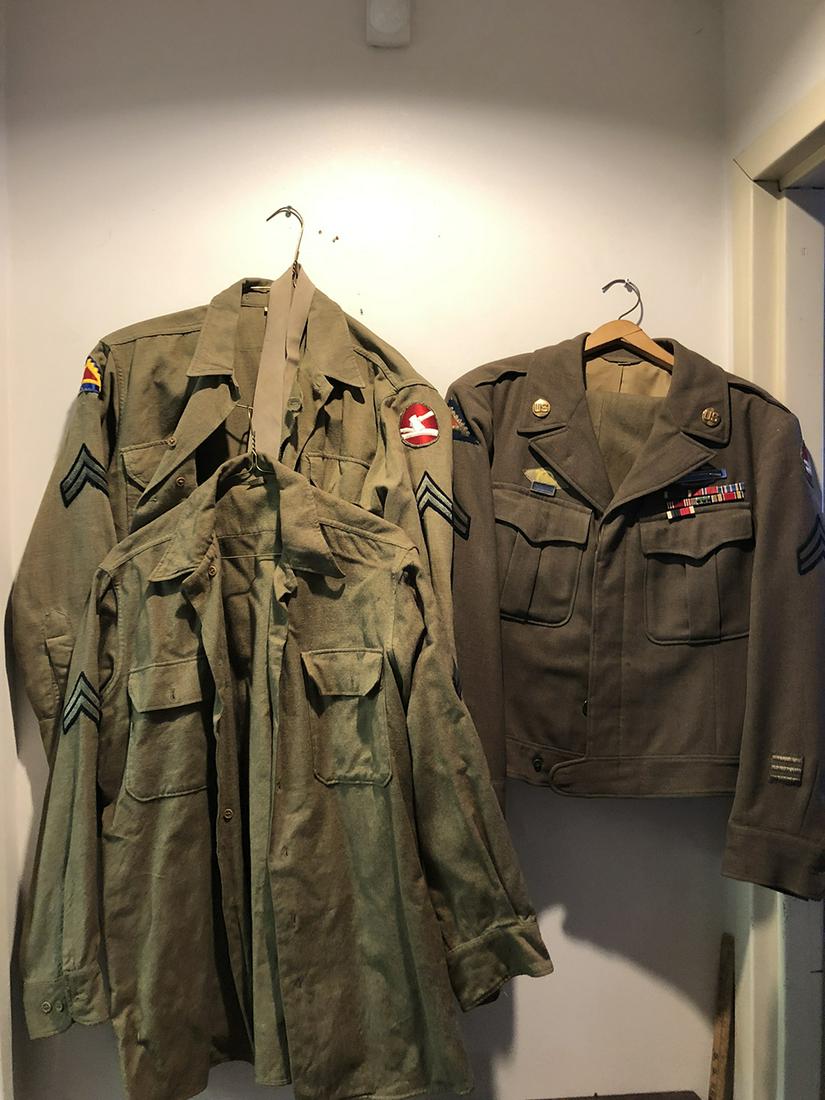 US Military Coats: US military coats, including fatigues, miiltary jacket and pants, inludes Railway Express Agency, Uniform Express Receipt.