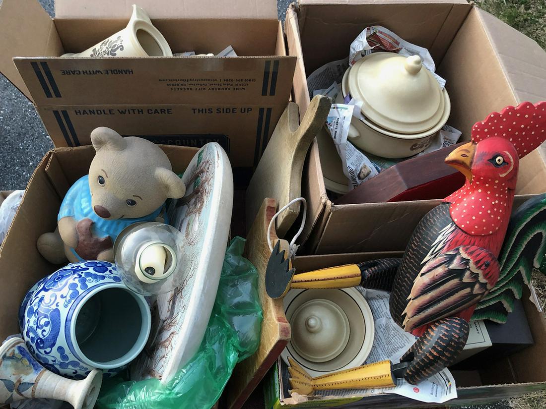 Estate Discovery Lot: Estate discovery lot includes 8 boxes, cap gun, bottle openers, Pfaltzgraff counry dish set, wooden rooster, etc.