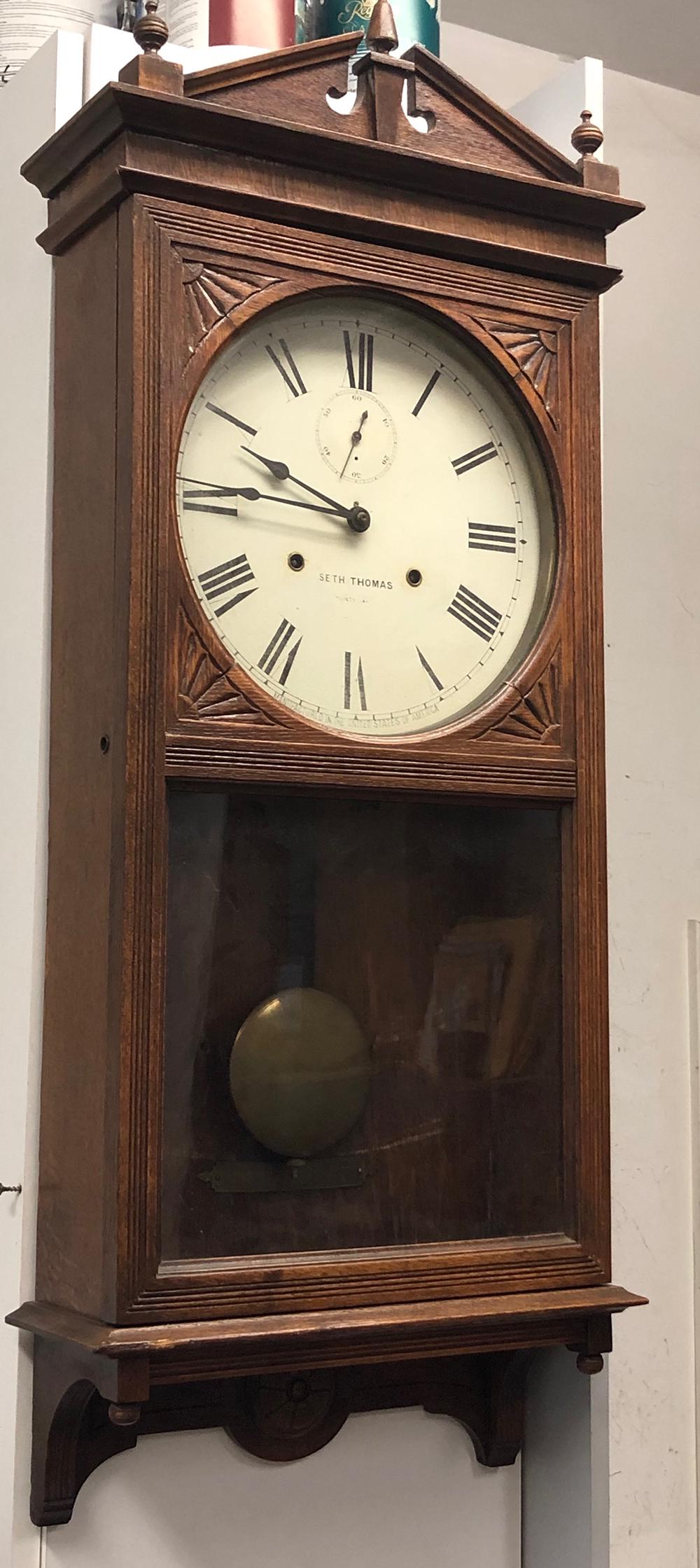 Seth Thomas Office 30 Day Regulator Clock: Set Thomas Oak regulator wall clock, Office 30 day clock in running condition, c.1907. From the Chatham, Ma, Cape Cod Collection.