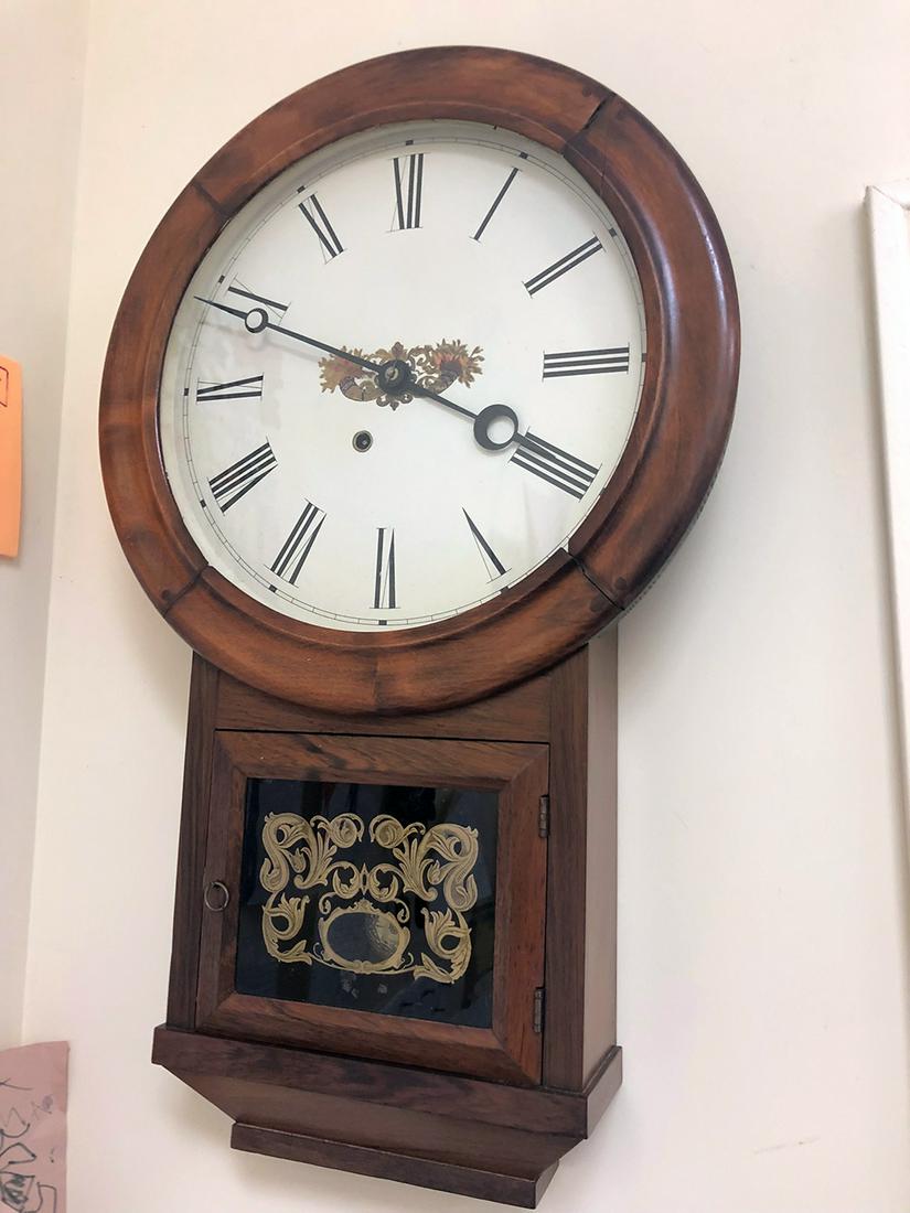 Rosewood Atkins Clock Co. Wall Clock: Rosewood wall clock, original painted glass Atkins Clock Co., Bristol, CT 30 and 8 day label, original key and pendulum, nice cornucopias on dial,