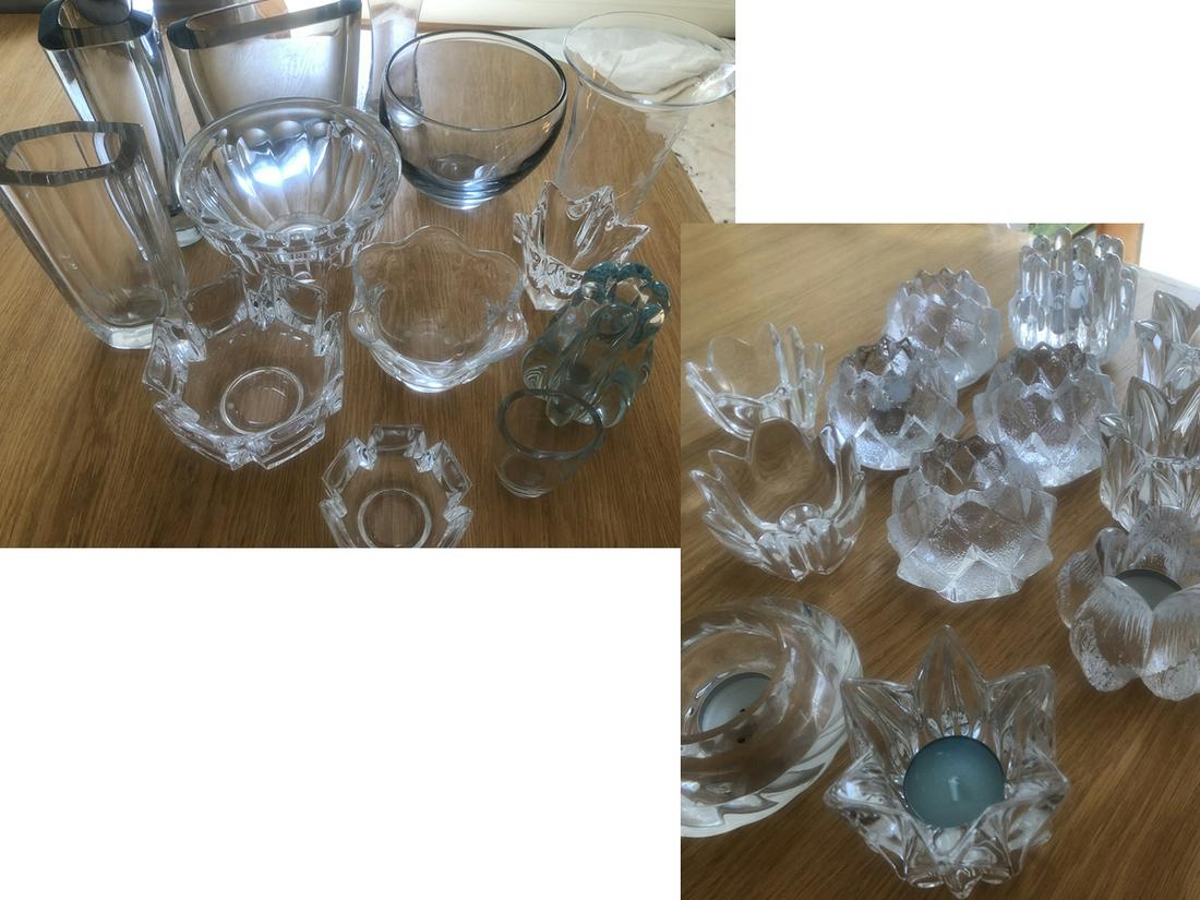 Crystal Bowls, Vases, Candle Holders: Crystal 6 vases and 6 bowls including Corona, Orrefors, Sweden, Kosta, Sweden, and assorted crystal candleholders including 10 asserted with tealights, Orrefors and Kosta Boda, Iittala, Finland, 1 pai