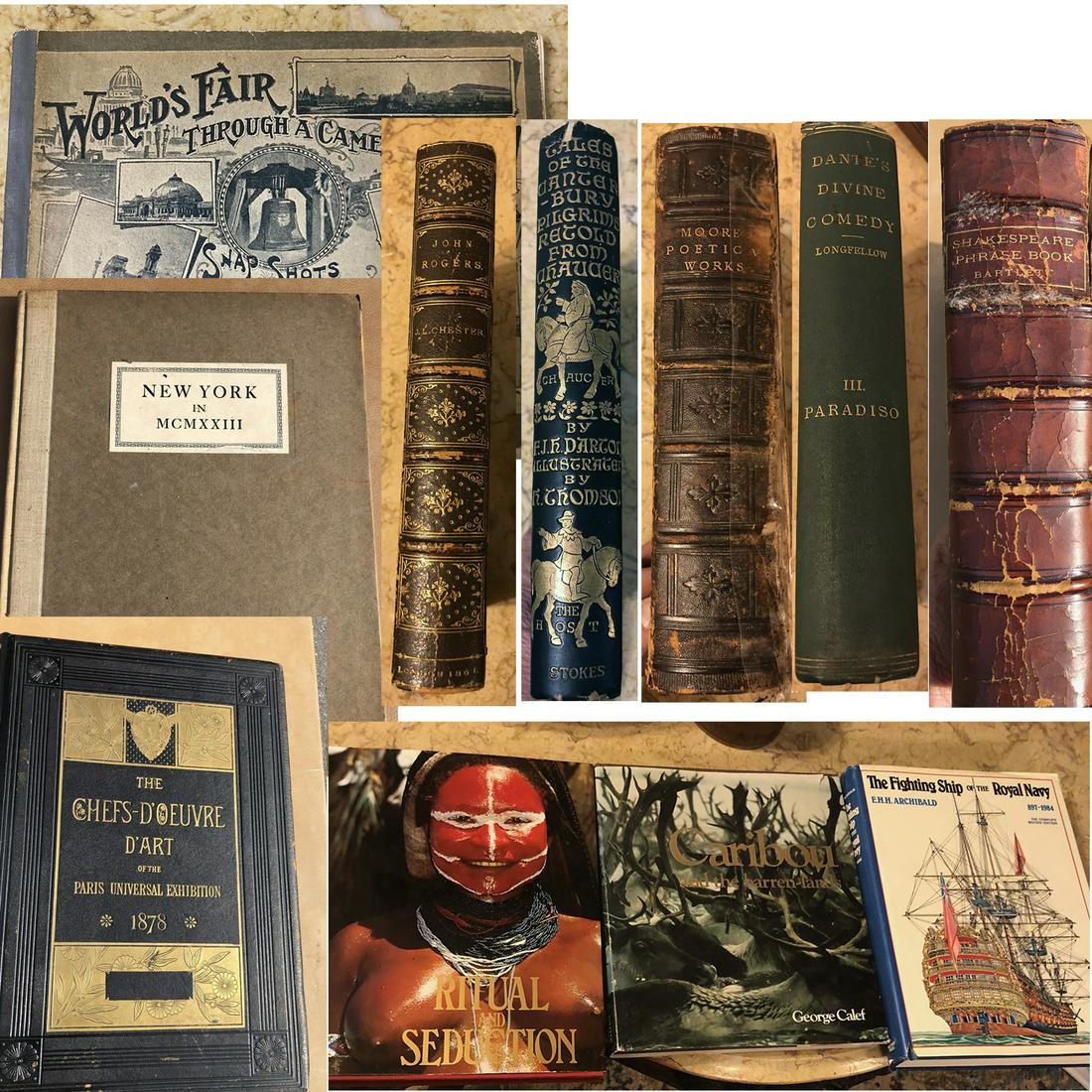 11 Vintage and Colletible Books: 11 Vintage and collectible books including: John Rogers, JL Chester, Moor's Poetical Works, Tales of the Canterbury Pilgrims Retold From Chaucer by F.J.H. Darton Illustrated by H. Thomson, Dante's Div