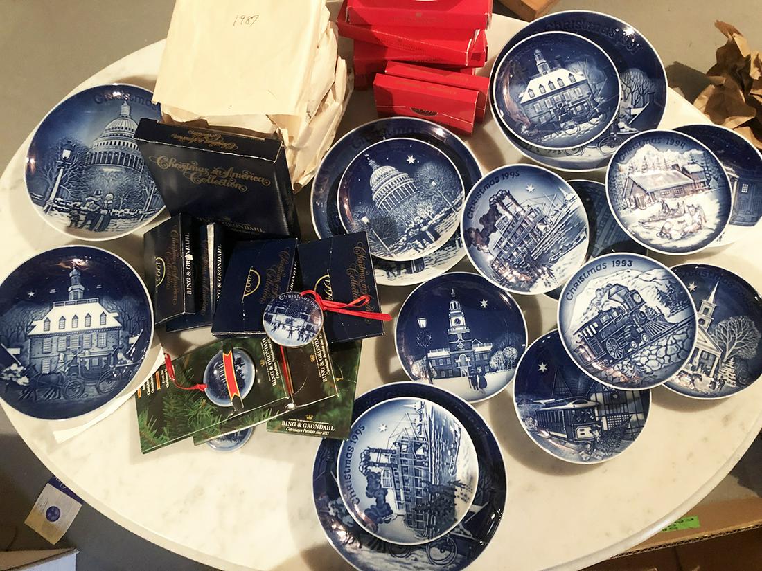 Bing and Grondahl Collection: Bing and Grondahl, Denmark, including Christmas in America plate collection, 5.25 complete set of 10 plates, 2 7.25 inch Jubilee plates, 10 matching ornaments, most with boxes and certiicates, approx.