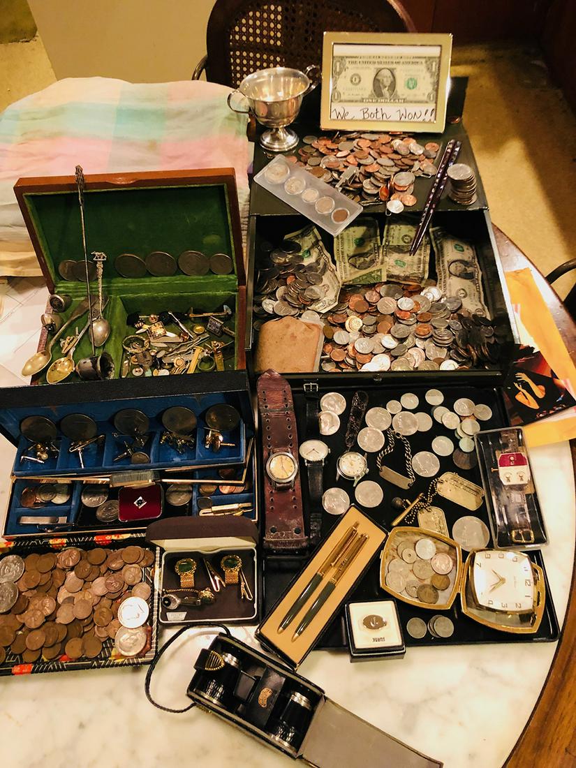 Estate Jewelry and Coin Collection: Estate jewelry and coin lot includes coins, wheat pennies, sterling silver spoons, opera glasses, sterling sugar bowl, silver coins, sterling candle snuffer, sterling men's rings, etc. Being sold as f