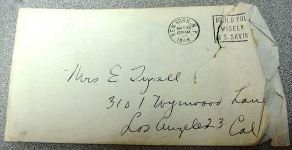 Signed Babe Ruth Autograph with original May 22, 19: Signed Babe Ruth Autograph with original May 22, 1948 envelope addressed to Mrs. E. Zyrell, Los Angelis, California.